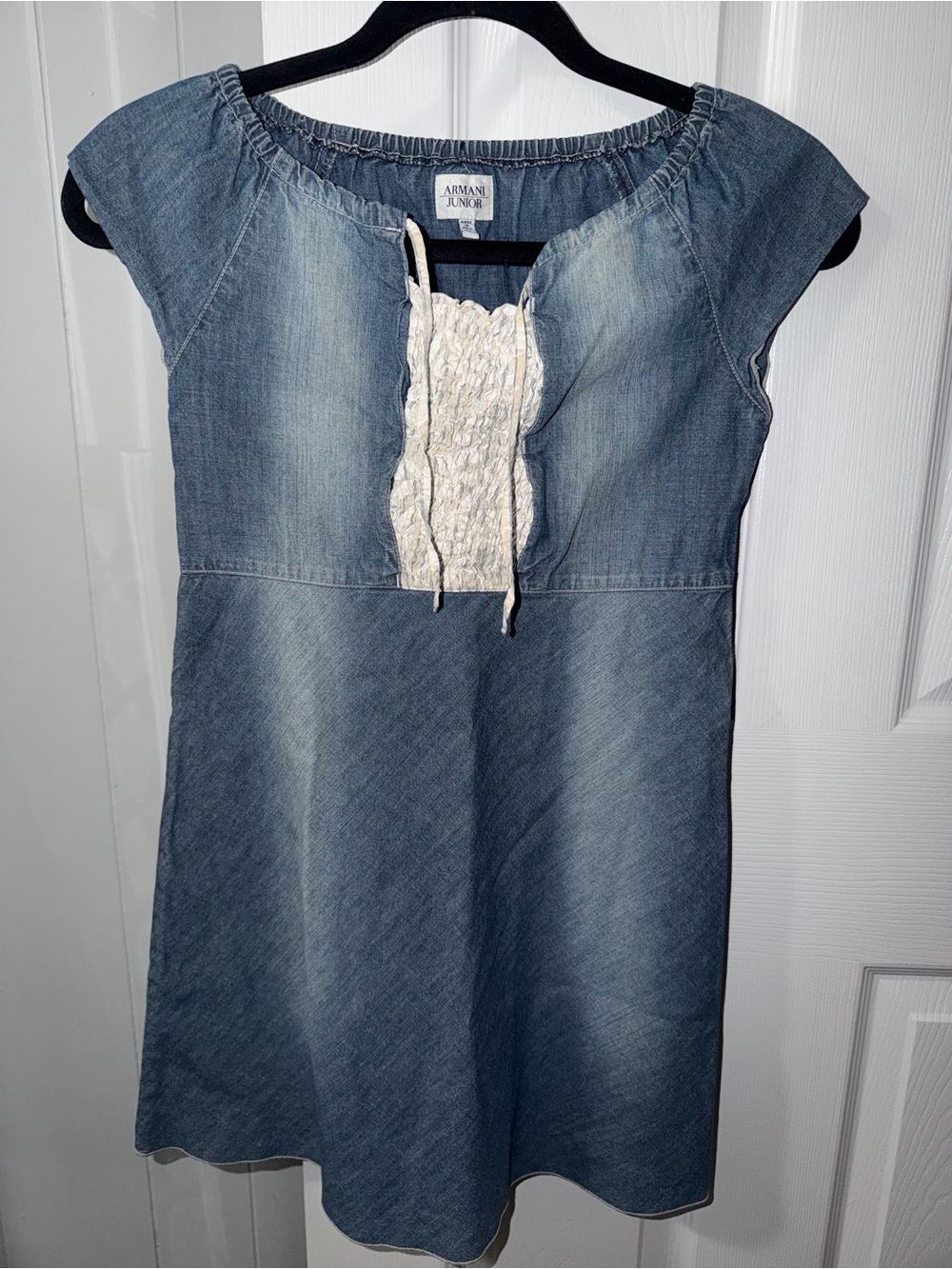 Armani Junior Light Blue Denim Dress with Cream Smocked Front